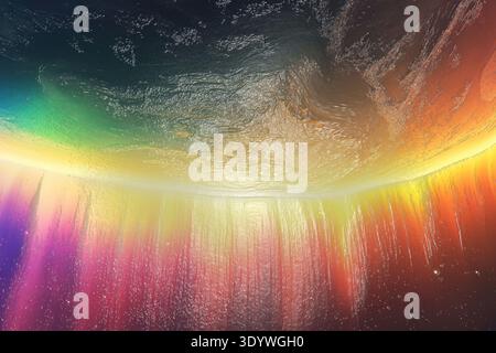 Lebendiges Bild mit einem regenbogenfarbenen Farbverlauf mit einer strukturierten, felsigen Oberfläche und einem dunklen, sternenklaren Hintergrund Stockfoto