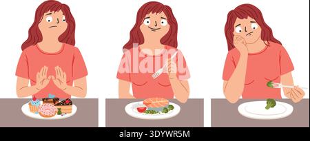 Konzeptvektor-Illustration über Ernährungskultur und einen gesunden Lebensstil. Eine glückliche Frau, die gesundes Essen isst. Eine traurige Frau auf Diät mit Brokkoli auf dem Teller. Verweigerung ungesunder Lebensmittel Originalkunstwerke Stock Vektor