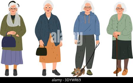 Schöne ältere Frauen Set. Sammlung niedlicher Großmütter. Die Schönheit älterer Menschen im Alter, Originalkunstwerke Stock Vektor