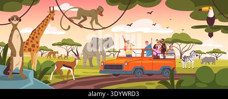 Safari-Tour. Menschen Touristen reisen Jeep Auto in afrika, machen Selfie-Foto mit afrikanischen Savanne wilden Tieren Dschungel Natur Landschaft Szene Zoo Abenteuer, klassische Vektor Illustration Original Kunstwerk Stock Vektor