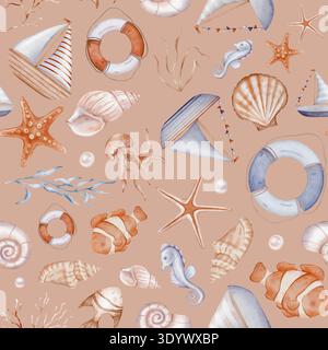 Nahtloses Aquarellmuster mit Muscheln und Perlen und Meereselementen auf isoliertem Hintergrund. Handgezeichnetes Vintage-Wiederholungsschmuck mit Seeboot und Stockfoto