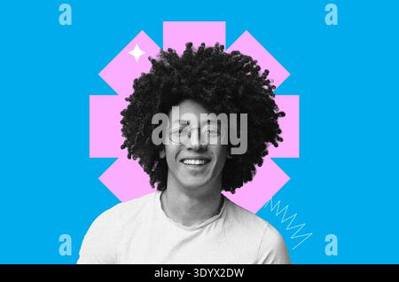 Junger Mann mit lockigem Haar lächelt vor hellem Hintergrund in einer fröhlichen Collage Stockfoto