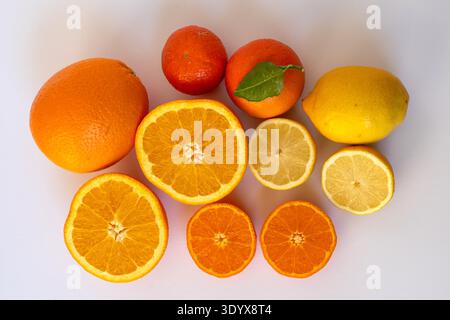 Flache Zusammensetzung aus frischen Zitrusfrüchten einschließlich Orangen, Mandarinen und Zitronenscheiben mit grünem Blatt auf weißem Hintergrund. Gesunde Ernährung und Vitam Stockfoto
