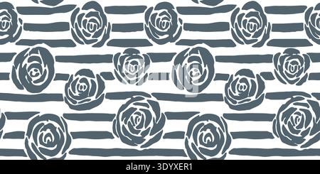 Schieferblau handgezeichnetes nahtloses Vektormuster mit Blumenmuster und Streifenmuster Stock Vektor