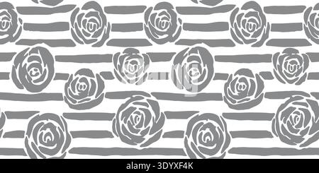 Dunkelgraues, handgezeichnetes nahtloses Vektormuster mit Blumenmuster und Streifenmuster Stock Vektor