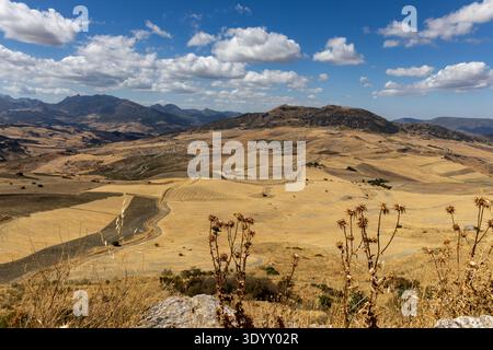 Landschaftsfoto im andalusischen Sommer. Karge Landschaft mit blauem Himmel neben römischen Ruinen. Acinipo, Andalusien, Spanien Stockfoto