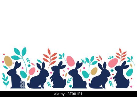 Festliches Osterbanner mit Hasen-Silhouetten und bunten Eiern, die Frühlingsfreude feiern. Stock Vektor