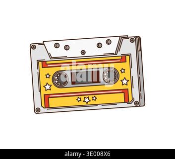 Retro-Dekor oder Aufkleber mit grooviger Audiokassette. Funky Retro Sticker, grooviges Vintage Vektor Element. Hippie-Symbol oder Comic-farbenfrohe Dekoration mit Retro-Audio-Player-Kassetten Stock Vektor