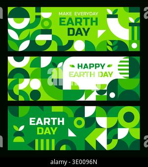 Erdtag- und Umweltbanner mit geometrischem Bauhaus-Muster. Planet Ecology Schutz Vektor Banner Vorlage. Flyer zum Happy Earth-Feiertag mit abstrakten grünen Bauhausmustern Stock Vektor