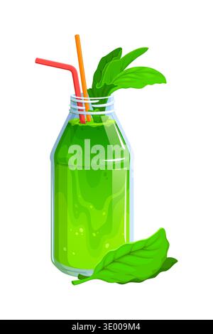 Grünes veganes Smoothie Vektorgetränk in Glasflasche mit Blasen auf der Oberfläche, zwei Strohhalmen und frischen grünen Blättern. Gesundes Essen, vegane Ernährung, Bio Saft Smoothie Getränk Stock Vektor