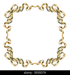 Luxuriöser quadratischer Rahmen in Aquarellfarben mit Bändern aus Vintage-Gold und verzierten Schleifen an den Ecken. Eine dekorative Borte im botanischen Stil für eine elegante Hochzeit Stockfoto