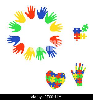 Ein Set, das dem Weltautismusstag gewidmet ist, mit vielen Händen. Vektorabbildung. Hand und Herz sind mit einem Puzzlemuster verziert. Stock Vektor