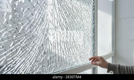 Nahaufnahme einer menschlichen Hand, die leicht ein Fenster mit Sicherheitsglas berührt, das vollständig zu einem komplizierten Spinnennetz-ähnlichen Riss zerrissen wurde. Stockfoto