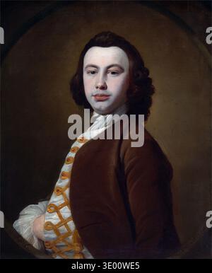 Dieses Selbstporträt von William Keeble aus dem Jahr 1748 fängt den Künstler in einem stilvollen braunen Mantel und einer kunstvollen weißen Weste ein, die charakteristisch für die Mode des 18. Jahrhunderts ist. Das Ölgemälde auf Leinwand zeigt Keeble, der direkt auf den Betrachter blickt, vor dunklem Hintergrund und zeigt seinen unverwechselbaren Porträtstil. Stockfoto