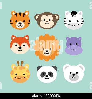 Niedliche Tiere Vektor Zeichnung Bär Katze Kätzchen Hund Welpe Schwein Kaninchen Hase Tiger Löwe Affe Zebra Fuchs Hippo Giraffe Panda Aufkleber Stock Vektor