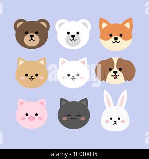 Niedliche Tiere Vektor Zeichnung Bär Katze Kätzchen Hund Welpe Schwein Kaninchen Hase Tiger Löwe Affe Zebra Fuchs Hippo Giraffe Panda Aufkleber Stock Vektor