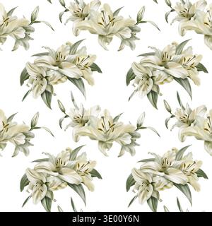 Weiße Lilien im nahtlosen Muster in Aquarell als Symbol der Reinheit und Unschuld. Dekoration für Beerdigung, Hochzeit, Kommunion, Taufe, Dekoration Stockfoto