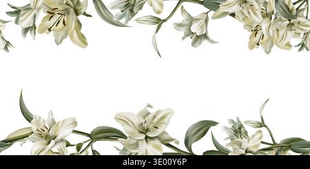 Vorlage der doppelten Grenze von weißen Lilien in Aquarell Clipart als Symbol der Reinheit und Unschuld. Dekoration für Beerdigung, Hochzeit, Kommunion Stockfoto