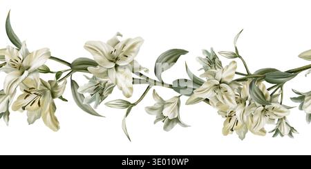 Vorlage der nahtlosen Grenze von weißen Lilien in Aquarell Clipart als Symbol der Reinheit und Unschuld. Dekoration für Beerdigung, Hochzeit, Kommunion Stockfoto
