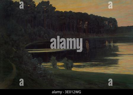 Dieses fesselnde Ölgemälde von Walter Leistikow mit dem Titel „Grunewaldsee“ aus der Zeit um 1895 zeigt eine ruhige Seenlandschaft in der Abenddämmerung. Der dunkle, dichte Wald, der das Wasser umgibt, spiegelt sich in der ruhigen Oberfläche wider, die sanft vom warmen, schwindenden Licht des Himmels beleuchtet wird. Stockfoto