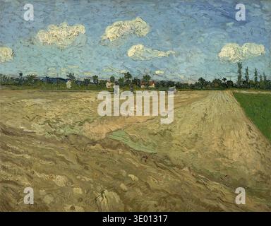 Dieses impressionistische Ölgemälde von Vincent van Gogh mit dem Titel „gepflügte Felder“ aus der Zeit um 1889 zeigt eine riesige landwirtschaftliche Landschaft unter einem dynamischen Himmel. Die charakteristische Impasto-Technik des Künstlers ist in der Textur der gepflügten Erde und den wirbelnden Wolken sichtbar und zeigt die lebendige Energie der ländlichen Szene in der Nähe von Saint-Rémy-de-Provence. Stockfoto