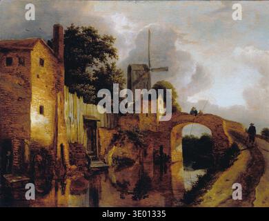 Dieses Ölgemälde aus dem 17. Jahrhundert von Jacob van Ruisdael mit dem Titel „Kanal mit Brücke“ zeigt eine ruhige niederländische Wasserlandschaft. Es verfügt über einen Kanal, der die umliegenden Backsteingebäude und üppigen Bäume reflektiert, mit einer Steinbogenbrücke, die zwei grasbewachsene Ufer verbindet, einer Windmühle im Hintergrund und Figuren, die sich im täglichen Leben engagieren. Stockfoto