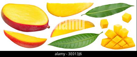 Sammlung von Mangobrüchscheiben mit Mangoblättern isoliert auf weißem Hintergrund. Datei enthält Beschneidungspfade. Stockfoto