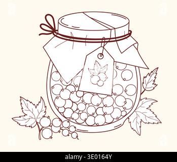 Umrisse frische Beeren Johannisbeeren in Glasgefäß mit Deckel aus Kunsthandwerk und Etikett. Vektorabbildung. Zeichnung isolierter Linien, Ausmalseite Stock Vektor