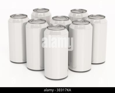 Weiße Soda-Dosen isoliert auf weißem Hintergrund. 3D-Abbildung. Stockfoto