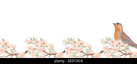 Aquarellbanner mit Blumenmuster, horizontaler quadratischer Rahmen, Rand. Vogel sitzt auf Pfirsichblüten oder Kirschblütenzweig. Handgezeichnete botanische Illustration. Stockfoto