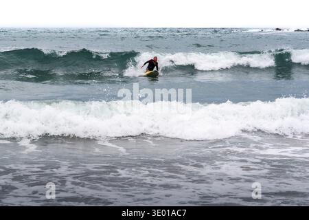 Surfer auf einer Welle in Crackington Haven an der Nordküste von Cornwall, Großbritannien Stockfoto