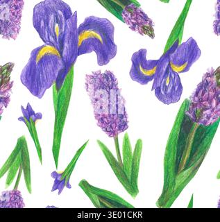 Handgezeichnete nahtlose Musterillustration mit lilafarbenen Hyazinthen und violetten Iris. Lila und violette Blüte mit grünen Blättern auf weißem Hintergrund für Stockfoto