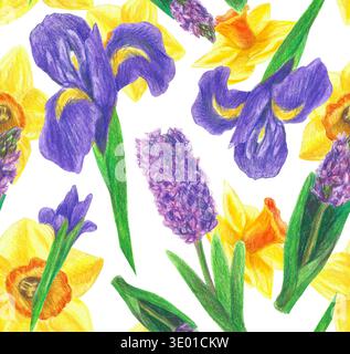 Handgezeichnete nahtlose Musterillustration mit gelben Narzissen, lilafarbenen Hyazinthen und violetten Iris. Gelbe und violette Blüte mit grünen Blättern auf A Stockfoto