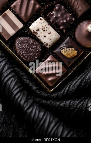 Schweizer Pralinen in Geschenkbox, verschiedene Luxus-Pralinen aus dunkler und milchiger Bio-Schokolade in Schokoladenkulisse in der Schweiz, süßes Dessertessen als Ho Stockfoto