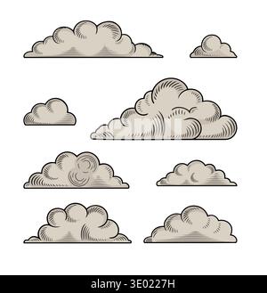 Vintage Wolken Vektor-Set, Sammlung von handgezeichneten Wolken im Gravurstil Stock Vektor