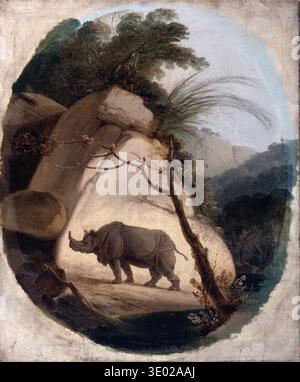 Dieses fesselnde Ölgemälde von Thomas Daniell aus dem späten 18. Oder frühen 19. Jahrhundert zeigt ein indisches Nashorn in einer dramatischen, felsigen Landschaft. Die ovale Komposition betont das majestätische Tier, während es einen zerklüfteten Pfad durchquert, der von dichtem Laub und fernen Bergen umgeben ist. Stockfoto