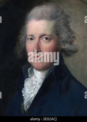 Dieses fesselnde Öl-auf-Leinwand-Porträt von William Pitt dem Jüngeren aus den 1780er Jahren wurde von dem berühmten englischen Künstler Thomas Gainsborough geschaffen. Das Gemälde zeigt Pitt mit einem ernsten Ausdruck, der mit einem dunklen Mantel und einer gerafften weißen Krawatte verziert ist, die charakteristisch für die Mode des späten 18. Jahrhunderts ist. Stockfoto