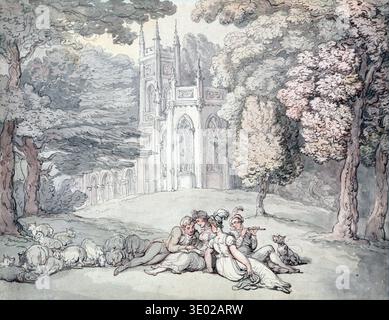 Dieses bezaubernde Aquarell aus dem 18. Jahrhundert von Thomas Rowlandson mit dem Titel „A Summer Idyll“ zeigt eine Gruppe elegant gekleideter Figuren, die sich im Freien Vergnügen. Sie sind auf einem grasbewachsenen Hügel versammelt, wobei eine Person eine Flöte spielt, eine andere ein Buch liest und zwei Frauen sich unterhalten, alle vor dem Hintergrund eines gotischen Gebäudes und üppiger Bäume. Stockfoto