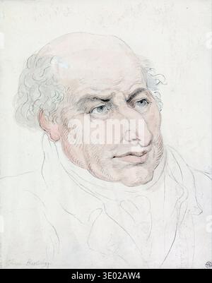 Dieses aus dem 19. Jahrhundert stammende Aquarell- und Graphit-Porträt von Thomas Rowlandson zeigt Francesco Bartolozzi, einen italienischen Kupferstecher. Rowlandsons charakteristischer satirischer Stil zeigt sich in den übertriebenen Merkmalen und lebhaften Ausdrucksformen von Bartolozzi, die in einer intimen Studie mit Kopf und Schultern festgehalten wurden. Stockfoto
