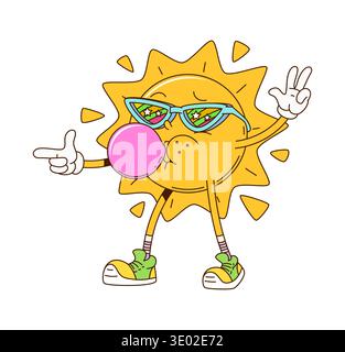 Die Sonne bläst Kaugummi-Cartoon-lustige Figur auf. Fröhliche Retro-Comic-Figur, lustige groovige Vektor-Persönlichkeit. Sonnenfröhliches Maskottchen im Sonnenlicht Stock Vektor