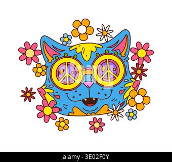 Cartoon-groovige Hippie-Katze-Figur. Isolierter Vektor Retro funky Trippy Kätzchen Haustierkopf in der Sonnenbrille mit Friedenssymbolen und bunten Blumen herum, Stock Vektor