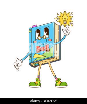 Groovige blaue Zeichentrickfigur im Retro-Look mit Glühbirne, Fliege, Turnschuhen und Finger-up-Geste, die eine tolle Idee hat. Süßer Vektorschüler oder Tee Stock Vektor