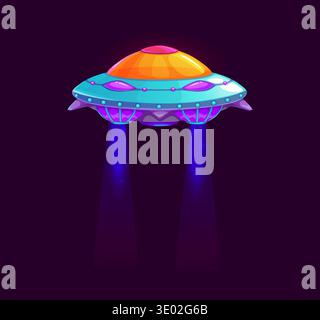 Cartoon-UFO-Raumschiff, Vektor-Flugobjekt-Spiel-Symbol im Raum mit leuchtenden Energiestrahlen. Futuristische Alien-Untertasse, außerirdisches Raumschiff-Asset ho Stock Vektor