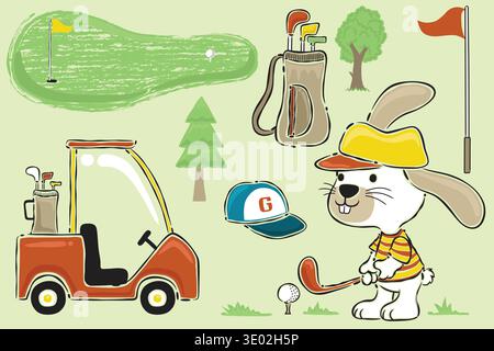 Handgezeichneter Karikaturkaninchen, der auf einem grünen Golfplatz Golf spielt. Stock Vektor
