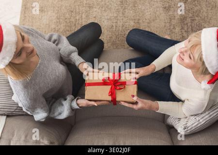 Erwachsene Mutter und Tochter in weihnachtsmützen Stockfoto