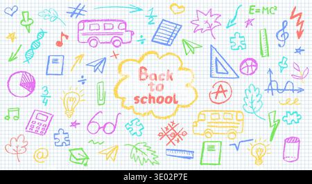 Holzkohle-Schulkritzeleien auf Notizblock-Laken in einem Käfig. Lustige handgezeichnete Symbole für Back-to-School-Themen. Niedliche kindliche Bildung bunter Pastellstift oder Wachsstift Stock Vektor