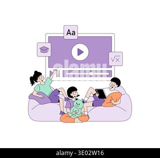 Vektor-Illustration einer fröhlichen Familie, die zusammen ein lehrreiches Video auf einem großen Bildschirm ansieht. Die Szene zeigt eine entspannte Atmosphäre mit spielerischen und fröhlichen Interaktionen. Stock Vektor