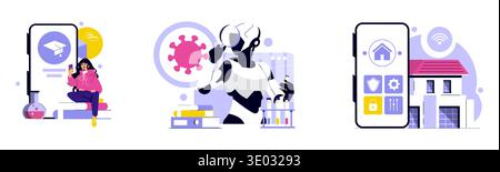 Vektor-Illustration Set mit digitaler Bildung mit Smartphone, Wissenschaft repräsentiert durch einen Roboter, der Viren erforscht, und Smart-Home-Technologie. Moderne Technologiekonzepte in leuchtenden Farben. Stock Vektor