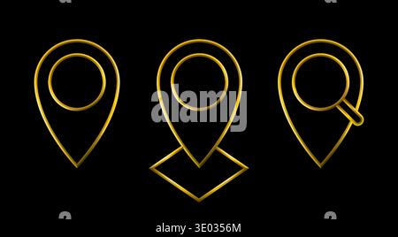 Karte Pins Symbol, goldene metallische dünne 3D-Linien, Vektor-Illustration Sammlung. Stock Vektor
