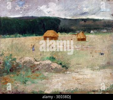 Dieses impressionistische Ölgemälde „Giverny Farm“ von Theodore Wendel stammt aus dem späten 19. Oder frühen 20. Jahrhundert. Es zeigt eine ländliche Landschaft mit zwei Heuhaufen unter bewölktem Himmel, wobei eine kleine Figur im Vordergrund steht. Stockfoto